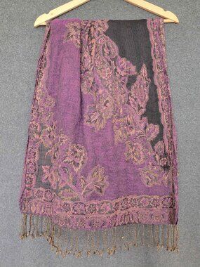90s Lucky Brand Wool Viscose Paisley Floral Wrap Shawl Scarf Fringe Boho